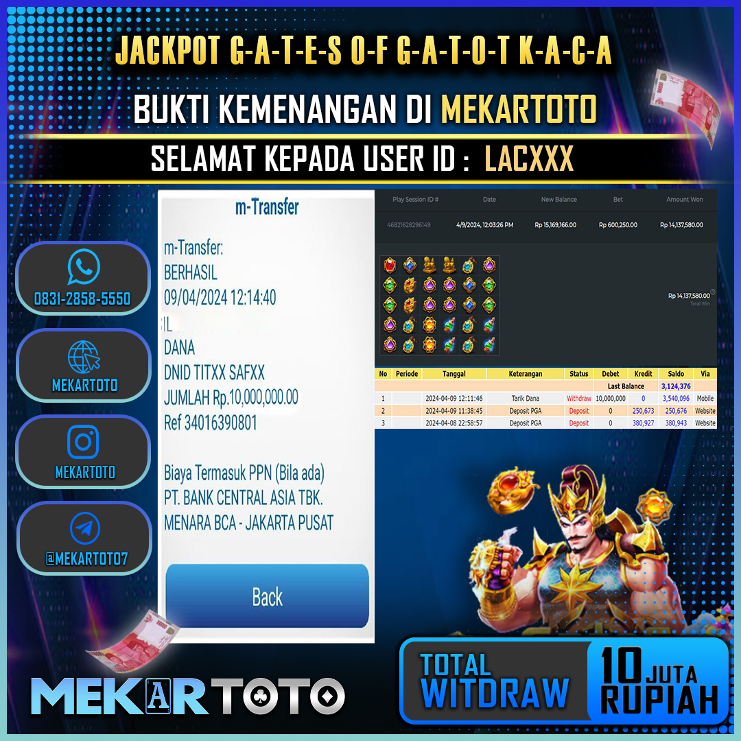 MEKARJITU JACKPOT SLOT GATES OF GACOTKACA RP. 10.000.000,- LUNAS