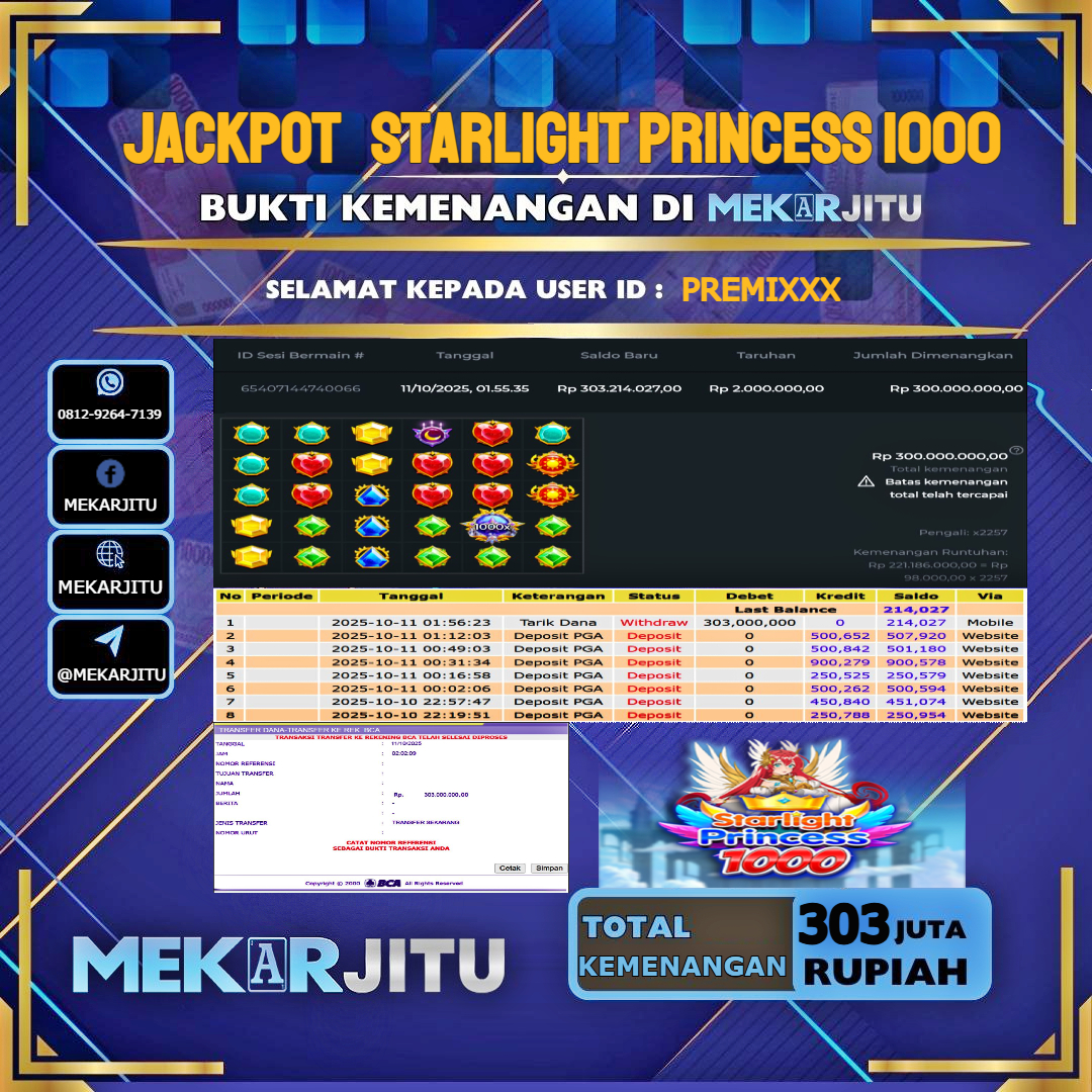 MEKARJITU JACKPOT SLOT STARLIGHT PRINCESS 1000 RP.303,000,000-LUNAS USER ID : PREMI***