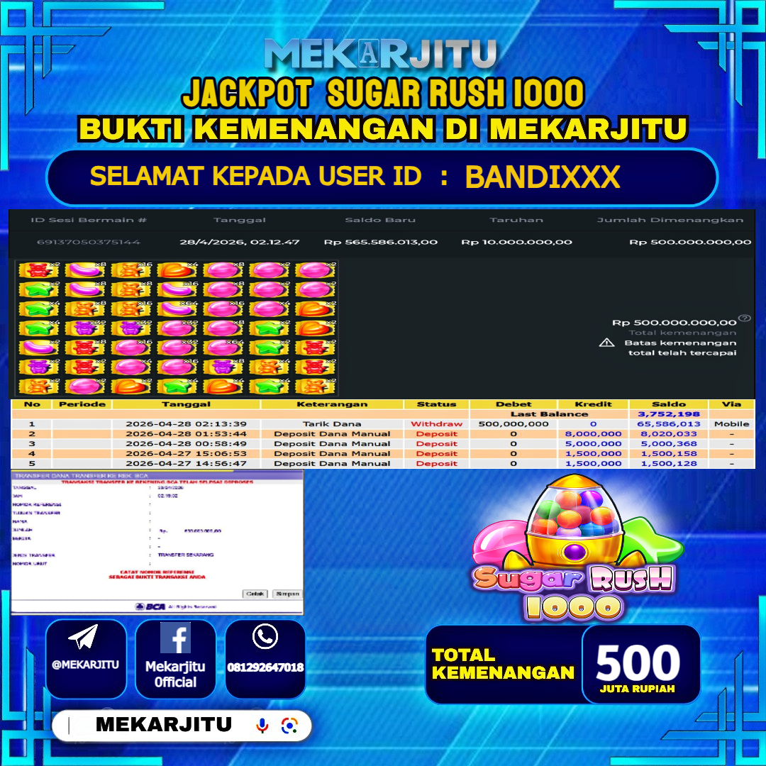 MEKARJITU JACKPOT  SLOT  SUGAR RUSH 1000 RP.500,000,000-LUNAS USER  ID : BANDI***                  