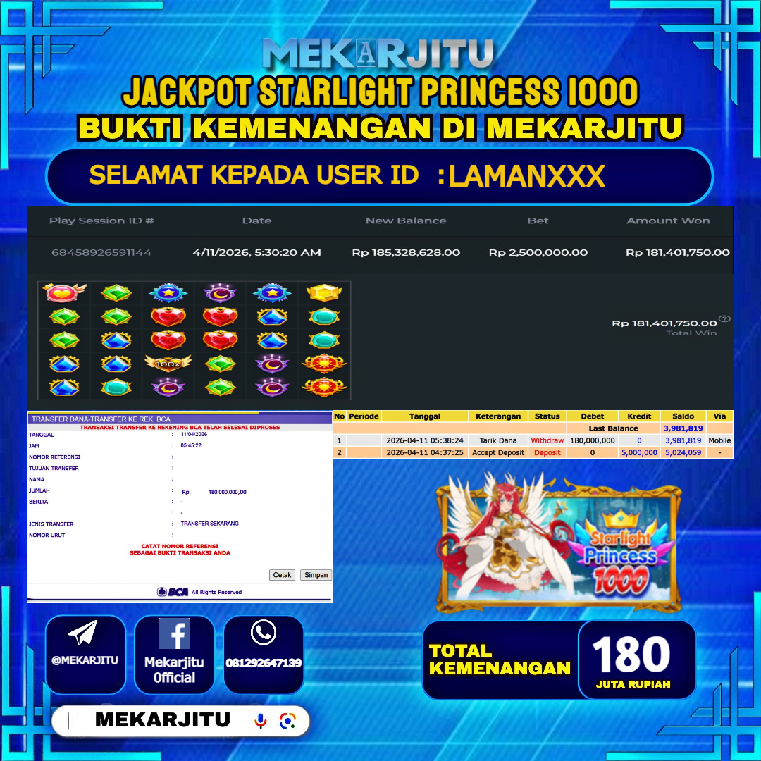 MEKARJITU JACKPOT  SLOT STARLIGHT PRINCESS 1000  RP.180,000,000-LUNAS USER  ID : LAMAN***                  