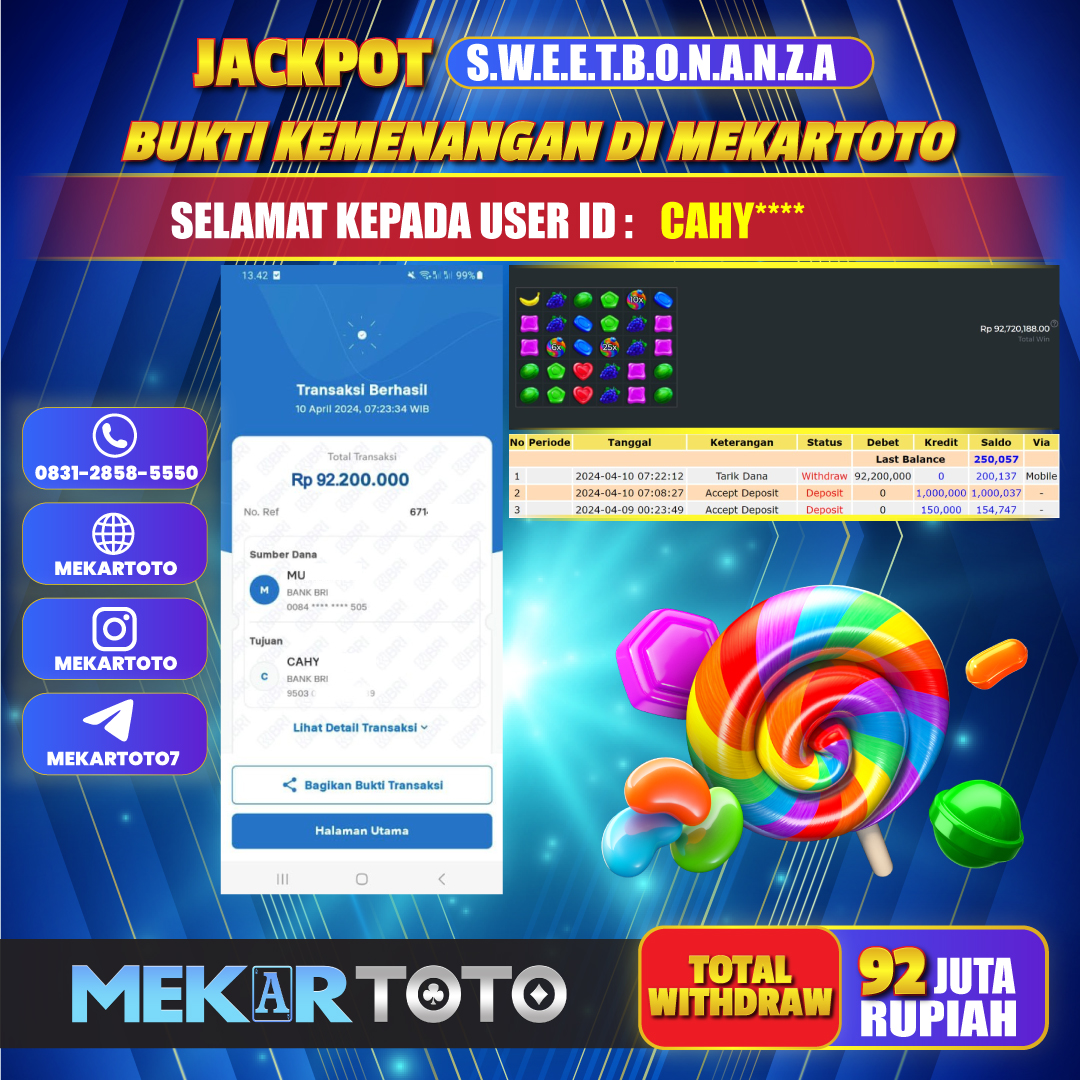 MEKARJITU JACKPOT SLOT SWEET BONANZA RP. 92.000.000,- LUNAS