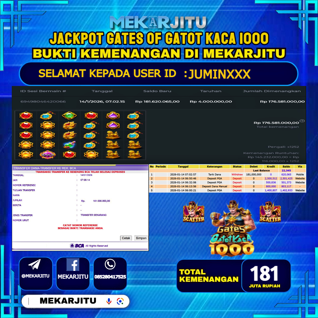 MEKARJITU JACKPOT  SLOT GATES OF GATOT KACA 1000  RP.181,000,000-LUNAS USER  ID : JUMIN***                  