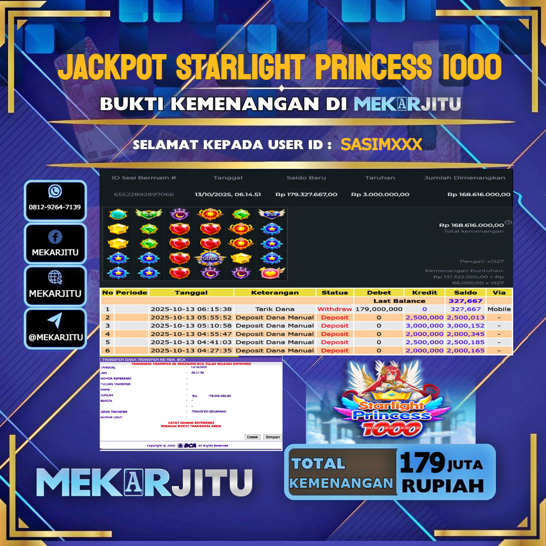 MEKARJITU JACKPOT SLOT STARLIGHT PRINCESS 1000 RP.179,000,000-LUNAS USER ID : SASIM***