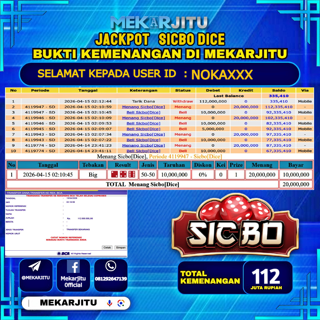 MEKARJITU JACKPOT  LIVE GAMES SICBO DICE RP.112,000,000-LUNAS USER  ID : NOKA***                  