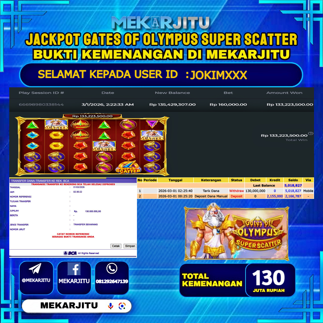 MEKARJITU JACKPOT  SLOT GATES OF OLYMPUS SUPER SCATTER  RP.130,000,000-LUNAS USER  ID :  JOKIM***                  