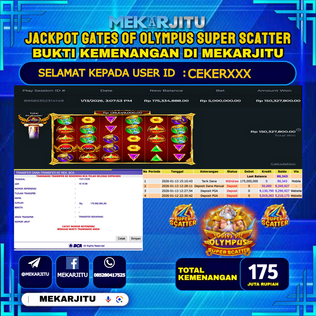MEKARJITU JACKPOT  SLOT GATES OF OLYMPUS SUPER SCATTER  RP.175,000,000-LUNAS USER  ID : CEKER***                  