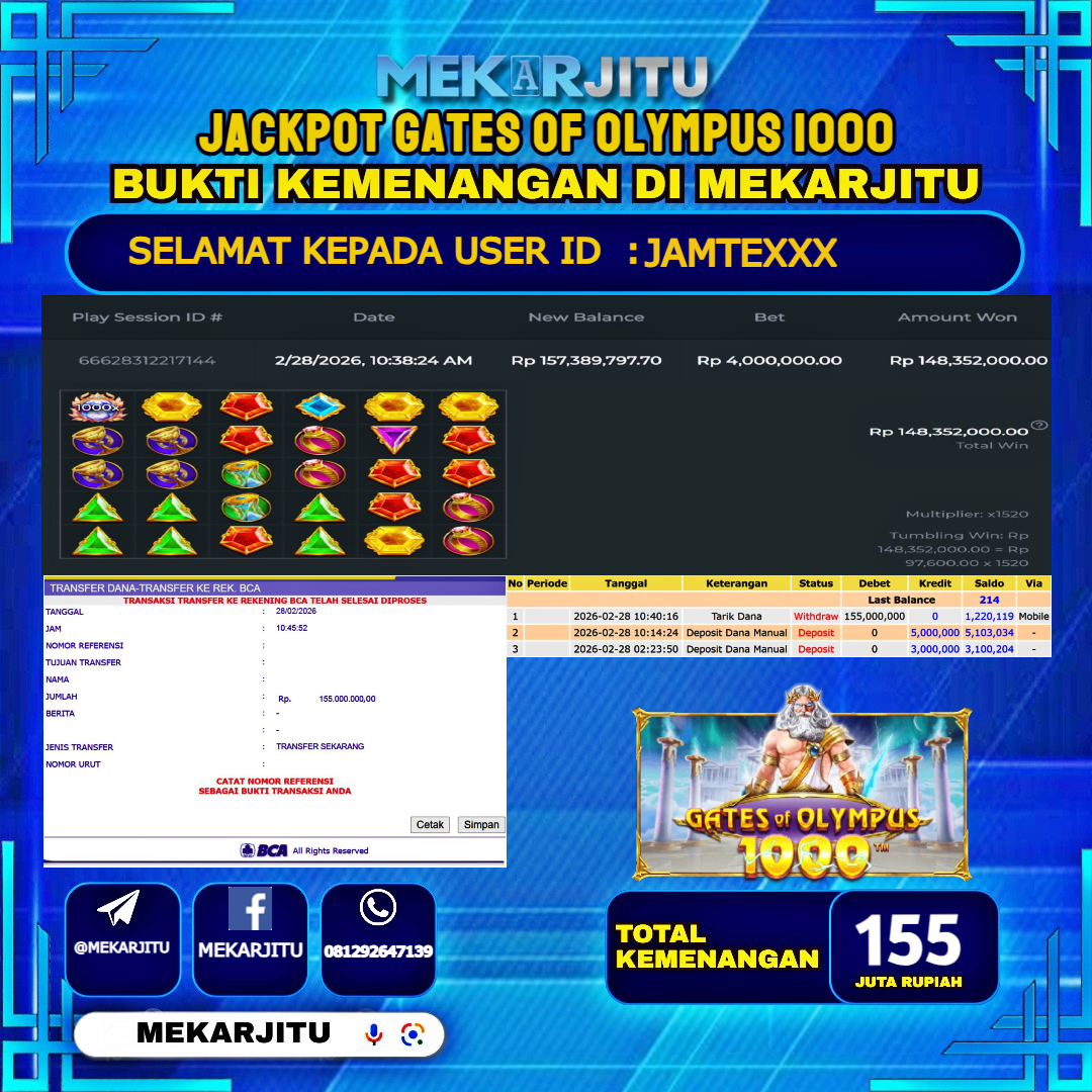 MEKARJITU JACKPOT  SLOT GATES OF OLYMPUS 1000  RP.155,000,000-LUNAS USER  ID :  JAMTE***                  