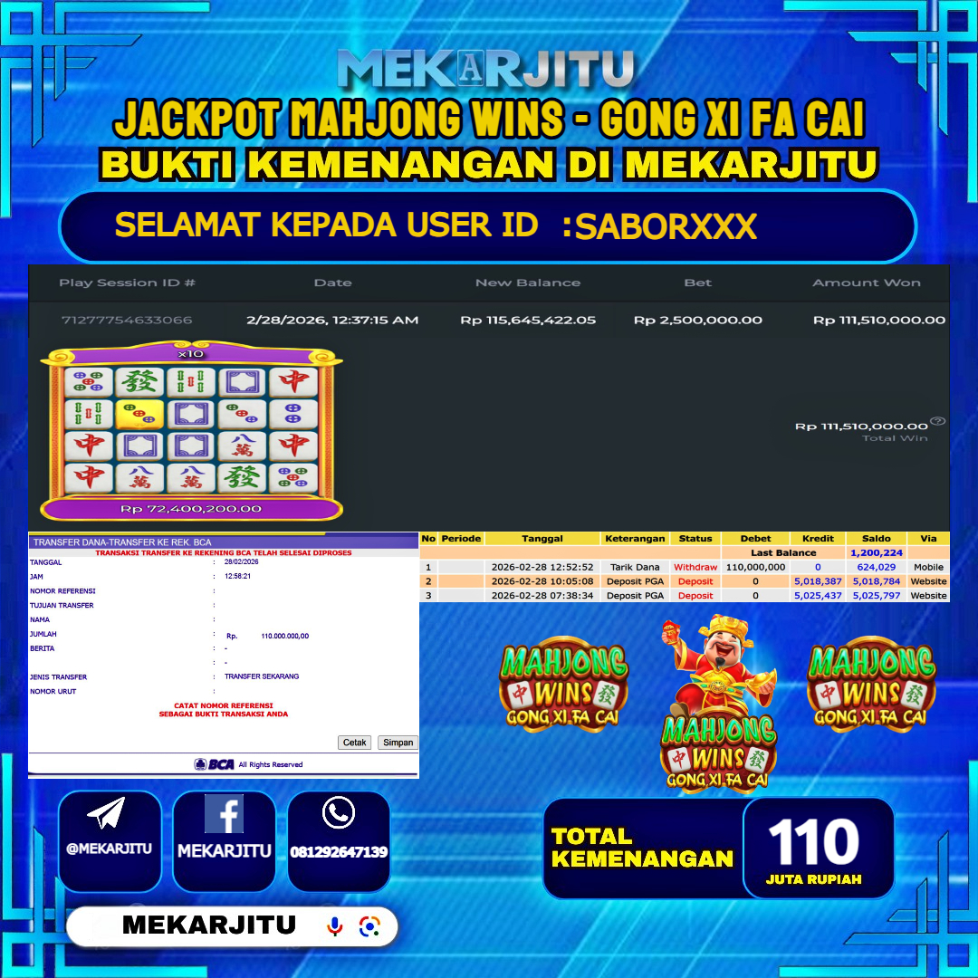 MEKARJITU JACKPOT  SLOT MAHJONG WINS - GONG XI FA CAI  RP.110,000,000-LUNAS USER  ID :  SABOR***                  