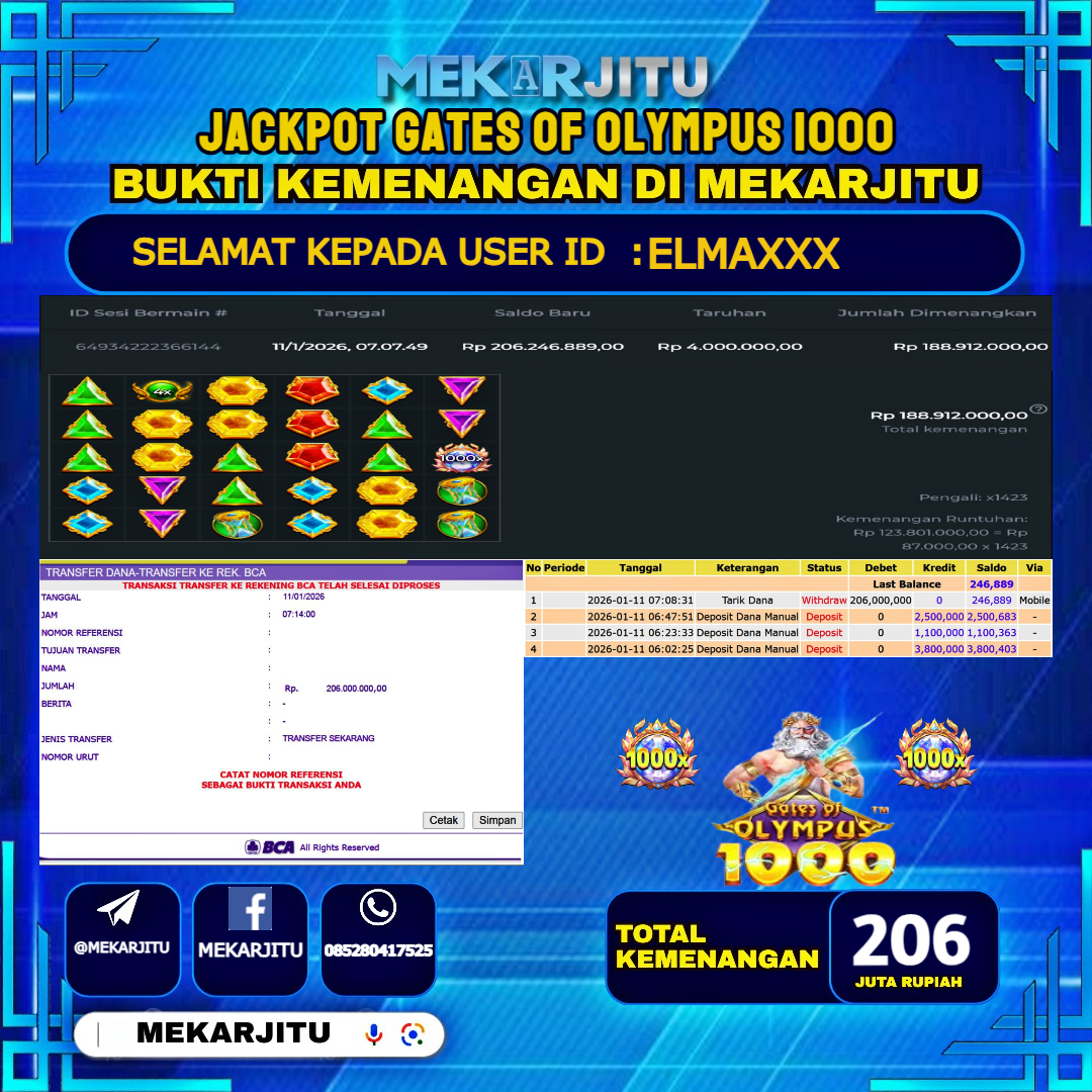 MEKARJITU JACKPOT  SLOT GATES OF OLYMPUS 1000  RP.206,000,000-LUNAS USER  ID : ELMA***                  