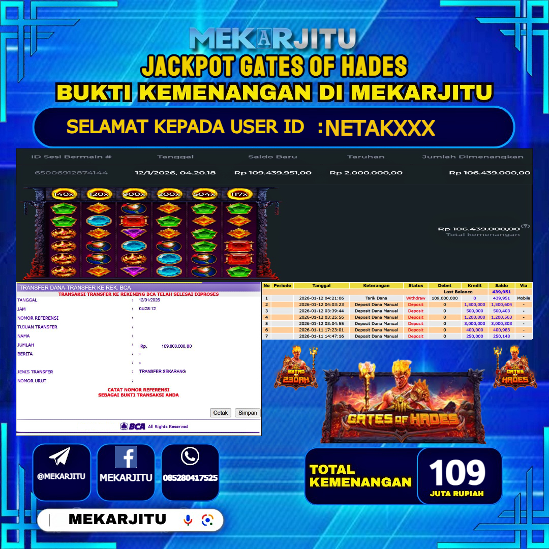 MEKARJITU JACKPOT  SLOT GATES OF HADES  RP.109,000,000-LUNAS USER  ID : NETAK***                  